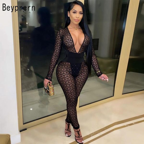 

women's jumpsuits & rompers beyprern beautiful see through geometric print bodycon womens long sleeve zipper black mesh one piece overa, Black;white