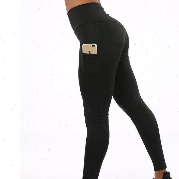 

high waist polyester leggings women pocket slim fit ankle length pants breathable elasticity fitness female legging drop shipping, Black