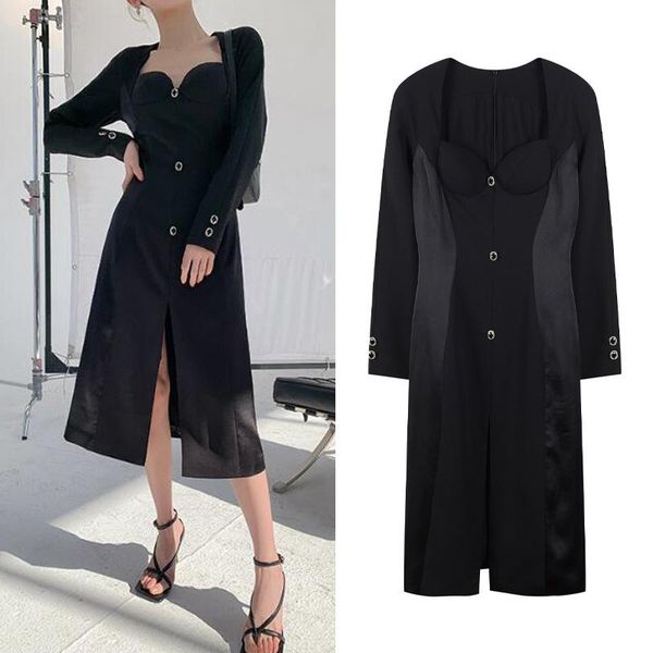 

casual dresses spring autumn women dress black a-line french chic square collar hem split long sleeve lady elegant female clothing fall, Black;gray