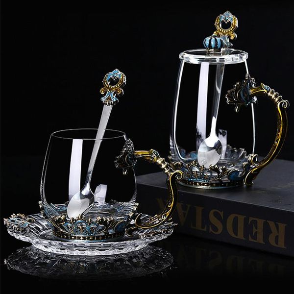 

enamel color water cup flower cup european crystal glass with lid spoon gift household heat resistant glass set