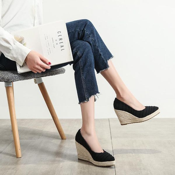 

sandals espadrilles women's wedge 2021 spring autumn shallow mouth high thick-heeled platform shoes straw woven, Black