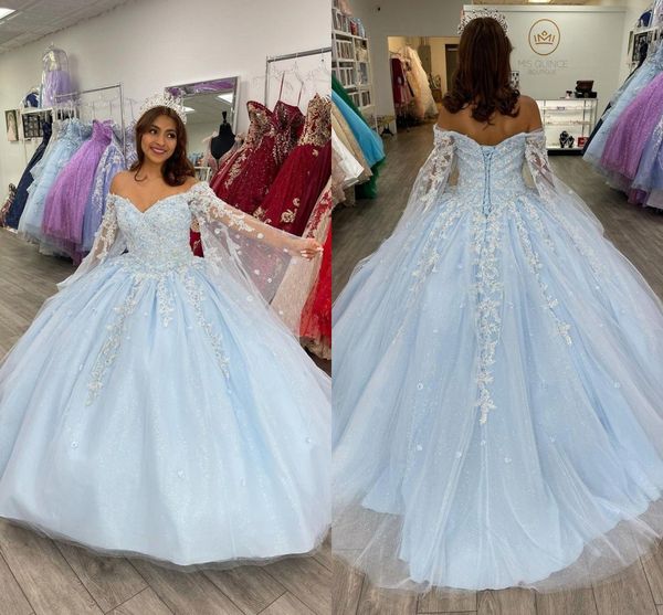 

2022 unique tulle ball gown quinceanera dresses long sleeves juliet applique beaded off the shoulder princess sweet 16 dress prom, Blue;red
