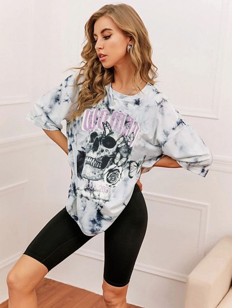 

skeleton and letter graphic tie dye oversized tee f58y#, White