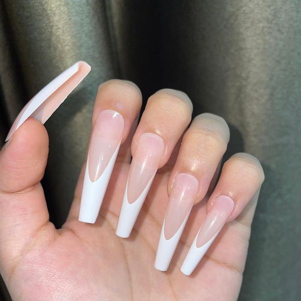 

false nails 24pcs extra long coffin white french designs ballerina fake full cover nail tips candy colors press on, Red;gold