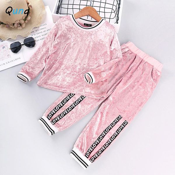 

qunq girls clothing set fall spring kids sportswear for 2 3 4 5 6 7 year girl long sleeve shirt letter pant velvet children suit, White