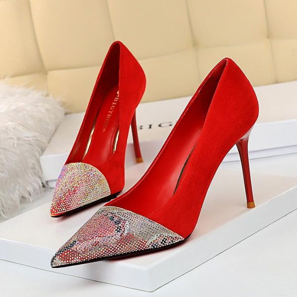 

dress shoes 2021 luxury women bling 9cm tacones high heels pumps scarpins red crystal sparkly suede wedding bridal party, Black