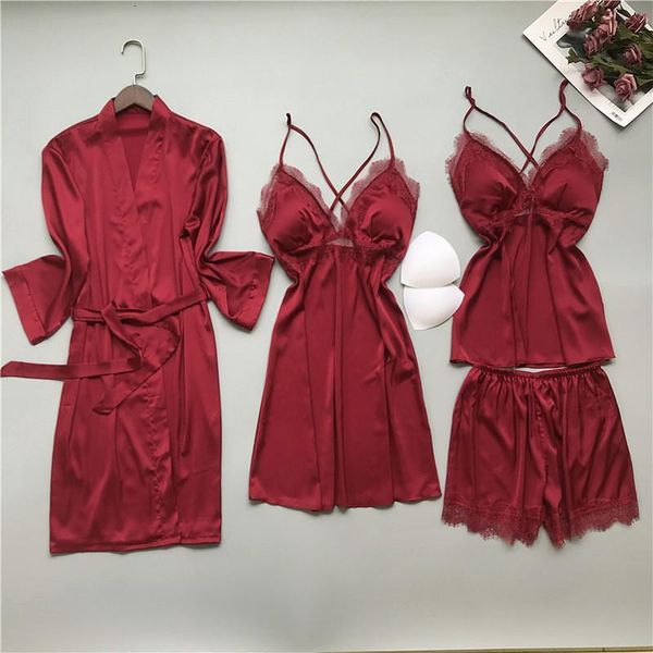 

mechcitiz 2020 new spring women's pajamas sets silk 4pcs sleepwear satin lace pyjamas lace pijama nightie robe home clothes, Black;red