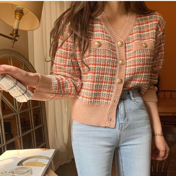

women's knits & tees design 2021 autumn winter sweater women knitted cardigans sweaters long sleeve square plaid female knit cardigan t, White