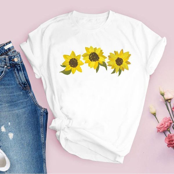 

women graphic sunflower 90s short sleeve floral flower cute printed lady tees clothing female t shirt womens t-shirt, White