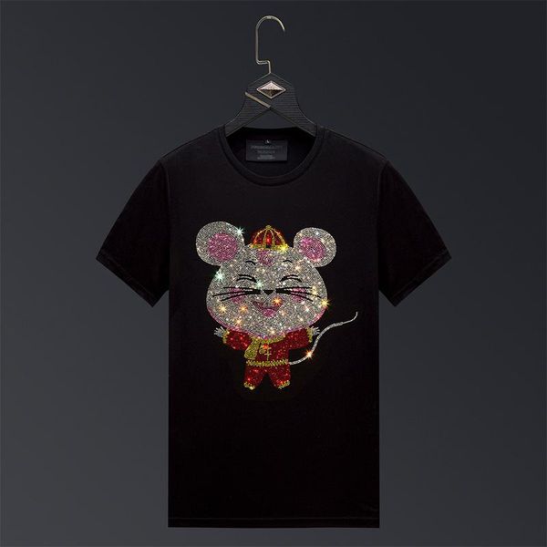 

men's t-shirts type 2021 mouse drilled short sleeve large size mercerized cotton shirt half base, White;black