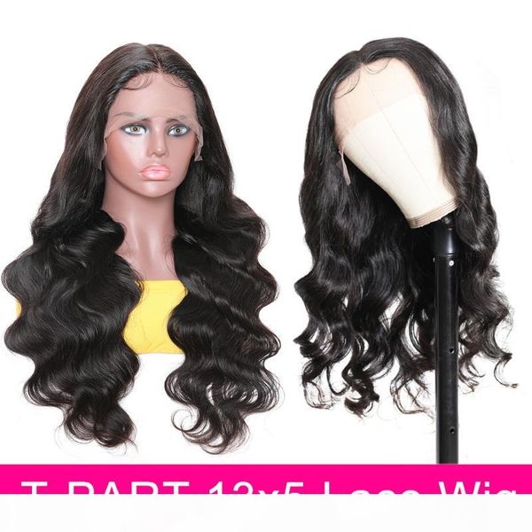 

klaiyi hair body wave lace wig 12-24inch t part lace front human hair wigs 13x1x5 t middle part wig pre plucked with baby hair, Black;brown