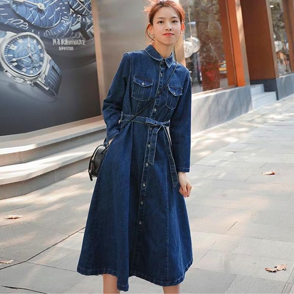 

casual dresses women jeans spring autumn small turn-down collar collect waist sashes slim cowboy dress for females denim one-piece, Black;gray