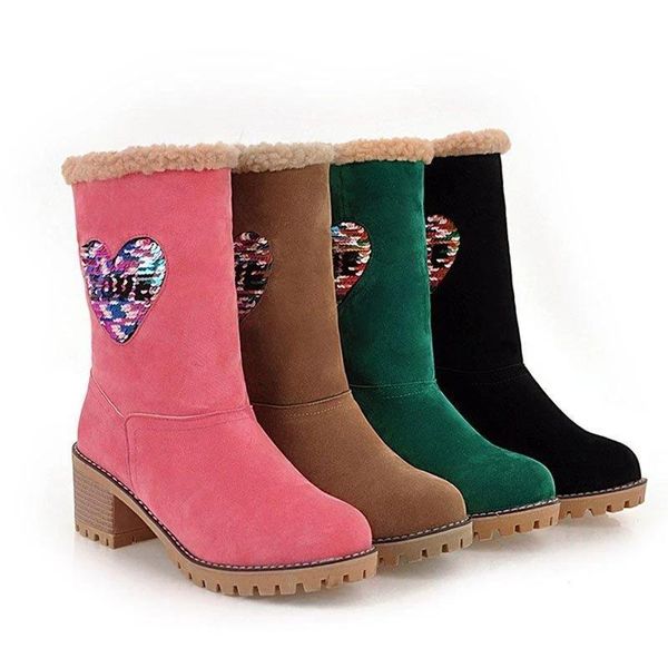 

boots 2021 women fashion warm snow winter fur short ladies plush suede chunky mid heel round toe booties shoes, Black