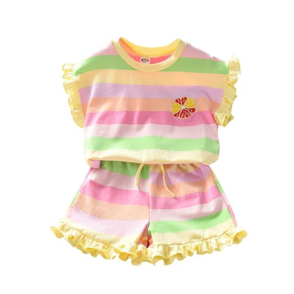

clothing sets kawaii kids summer set toddler baby girls casual soft striped ruffled shirt shorts 2pcs costume ropa bebes#30, White