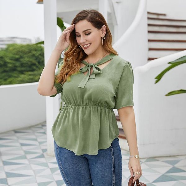 

plus size t-shirt women's 2021 summer net celebrity elegant bow collar solid color waist short sleeve for female fashionable, Black