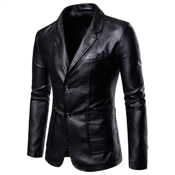 

slim versatile pu blazer men's lapel suit leather jacket, Black;brown