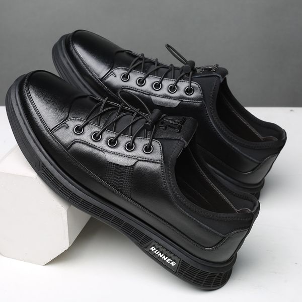 

casual genuine leather men trainers white black daily school outdoor shoes breathable leisure loafers student sneakers, Black;white