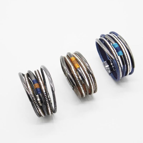 

tennis est bohemian style handmade multilayer leather wrapped magnet women bracelet, Golden;silver