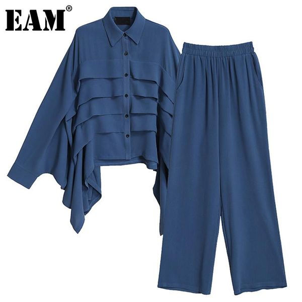 

eam] pleated wide leg pants two piece suit new lapel long sleeve black loose fit women fashion tide spring summer 2021 1dd3768, White