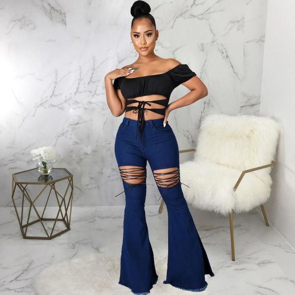 

women's pants & capris criss cross lace up hollow out bell bottom pant women high waist stretchy flare trouser fashionable female denim, Black;white