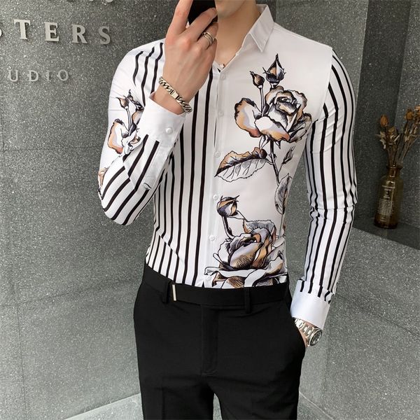 

2021 new white/black male shirt korean fashion autumn amended floral shirts all game striped long sleeve for 3xl men's clothes tx8j, Black;brown