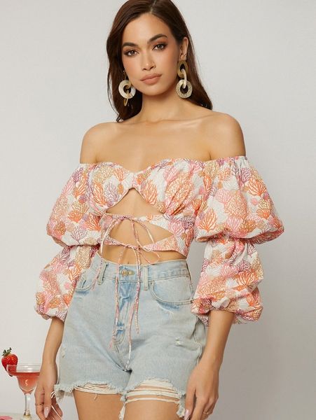 

allover print tie front cutout gather sleeve k52t#, White