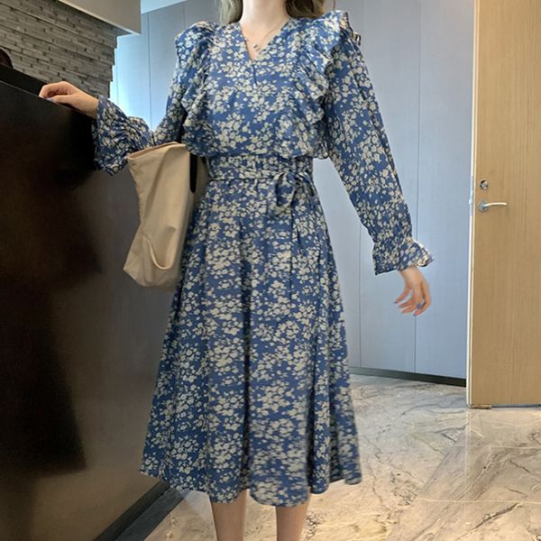 

2021 new floral print vintage ruffles women long sleeve autumn party v neck ladies korean elegant beach boho es n51f, Black;gray