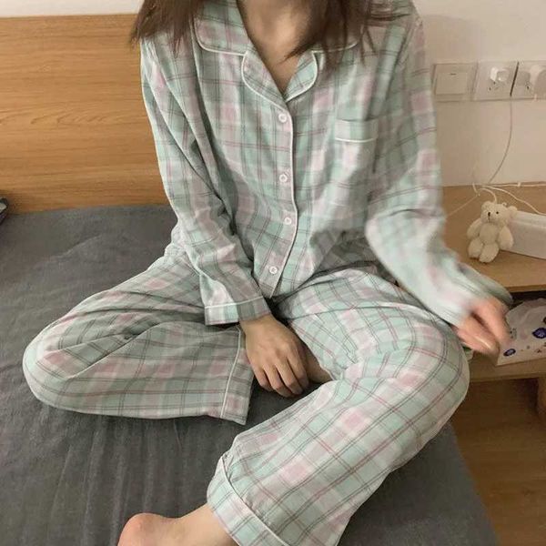 

sweet cute grid girls pajamas set korean autumn winter long sleeve leisure sleepwear women loose casual nightwear homewear suit 210619, Black;red