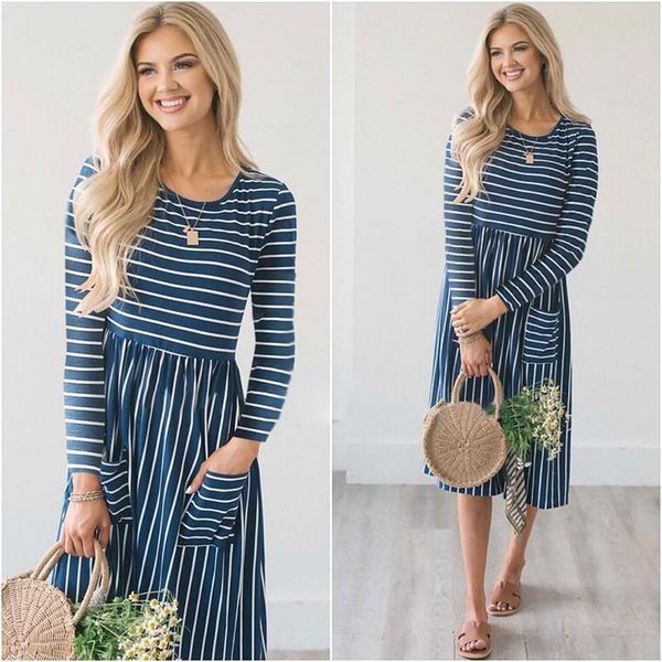 

casual dresses long sleeve midi dress with pockets women o-neck robe femme xl spring striped beach summer, Black;gray