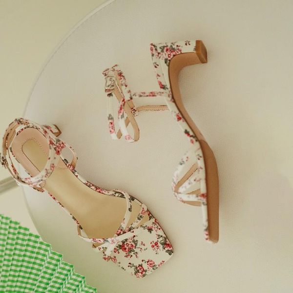 

sandals french design floral print women ankle strap 5cm high heels summer outside footwear black chic lady work sandalias