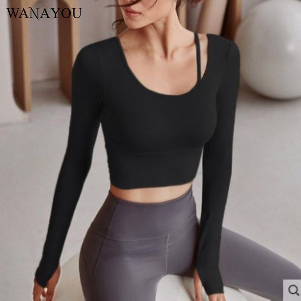 

yoga outfit wanayou women's high stretch long sleeve shirts,outdoor waist navel exposed fitness ,solid color slim gym shirts