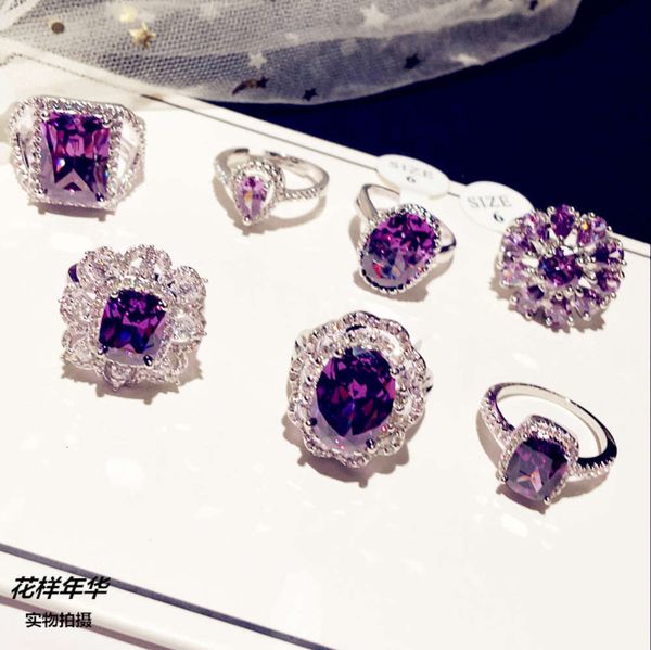 

micro set deep purple zircon ring square diamond pigeon egg noble princs accsori, Silver
