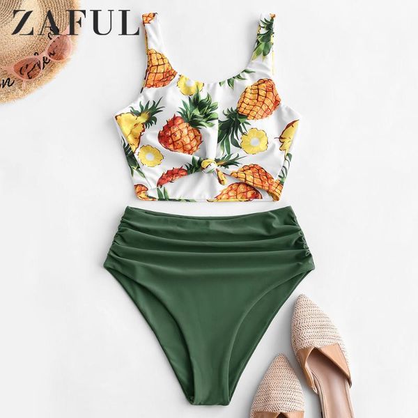 

zaful pineapple knotted mix and match tankini swimwear high waisted traje de bano mujer 2021 swimsuit women bikinis, White;black