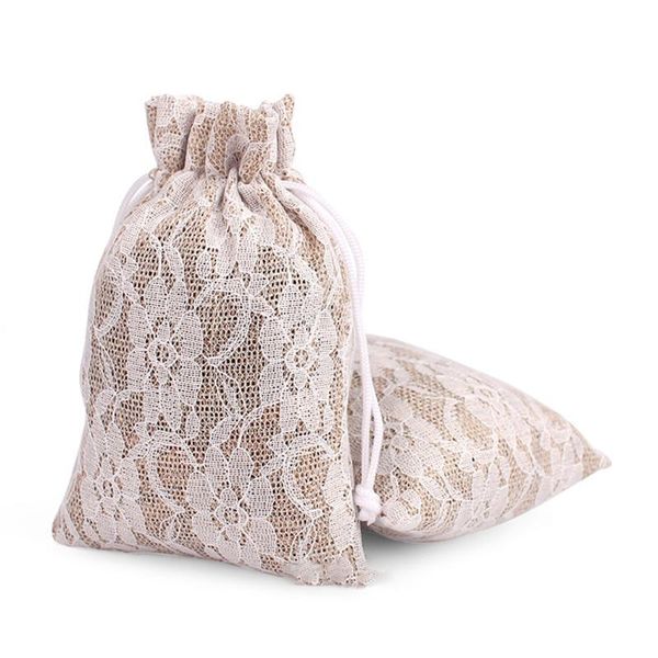

50 burlap lace gift bags w/twine 13*18cm wedding favor jewelry pouch burlap drawstring bag jewelry gift