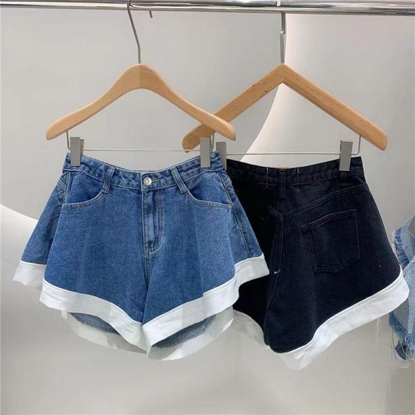 

women's jeans 2021 summer korean style sense of design high waist stitching loose wide leg denim shorts fashion, Blue