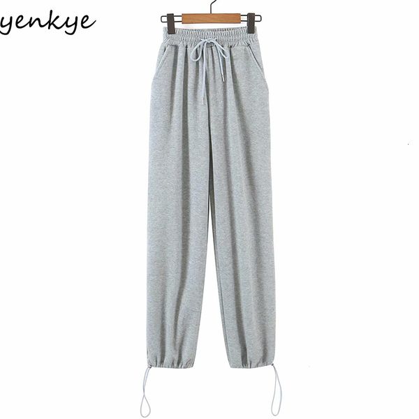 

2021 new vintage solid color drawstring sweatpants women elastic high waist trousers casual pants loose femme pantalon kyjj, Black;white