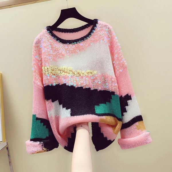 

women's sweaters sequined sweater women oversize coat 2021 fall pattern color loose bell sleeve lazy wind jumper pullovers, White;black