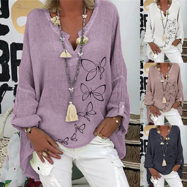 

fashion women blouses long sleeve casual plus size butterfly floral print loose v neck shirt grote maten dames kleding 48, White