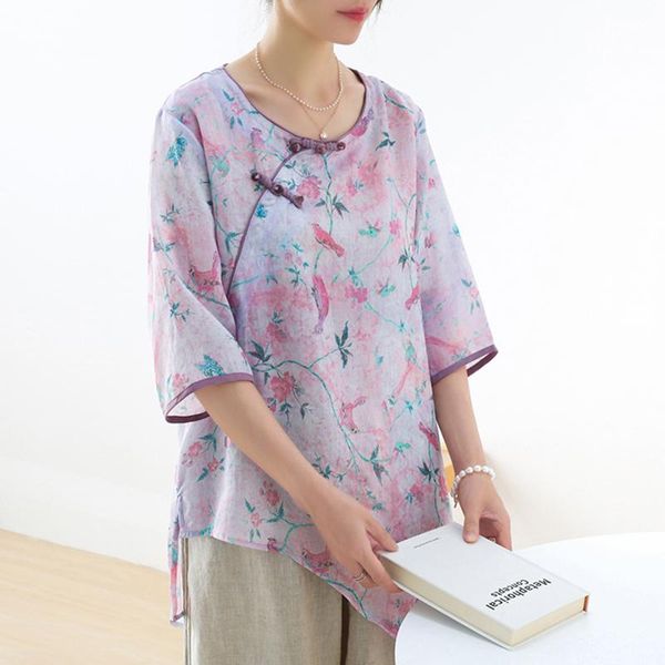 

women's t-shirt fairynatural ladies print floral casual t-shirts o-neck half sleeve female chinese style loose ramie button tees 2021 s, White