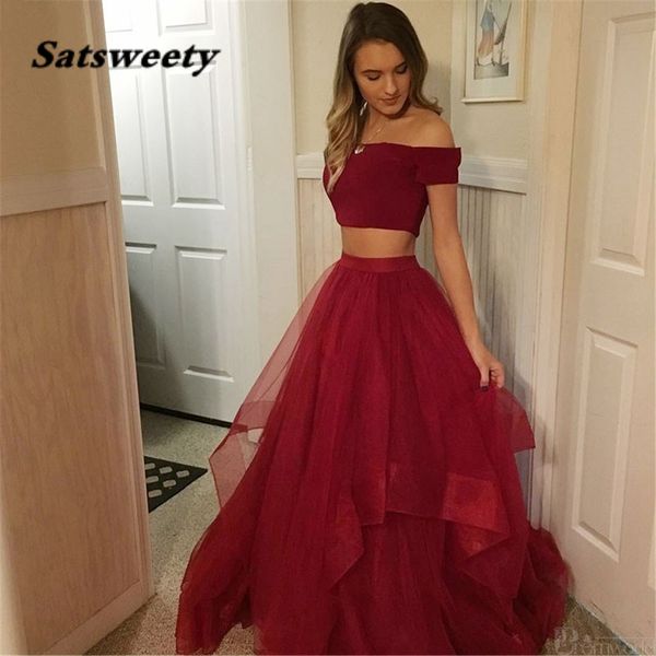 Abiti da ballo sexy in due pezzi con scollo a V rosso 2022 Elegante abito da sera lungo da cerimonia formale bordeaux con spalle scoperte vestido de gala