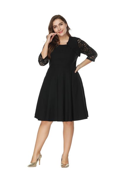

bofute large size women's o-neck lace patchwork dress sq0140, Black