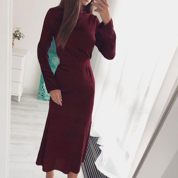 

casual dresses vintage slim fit women half high collar dress spring autumn solid sashes femme long sleeve waist party, Black;gray