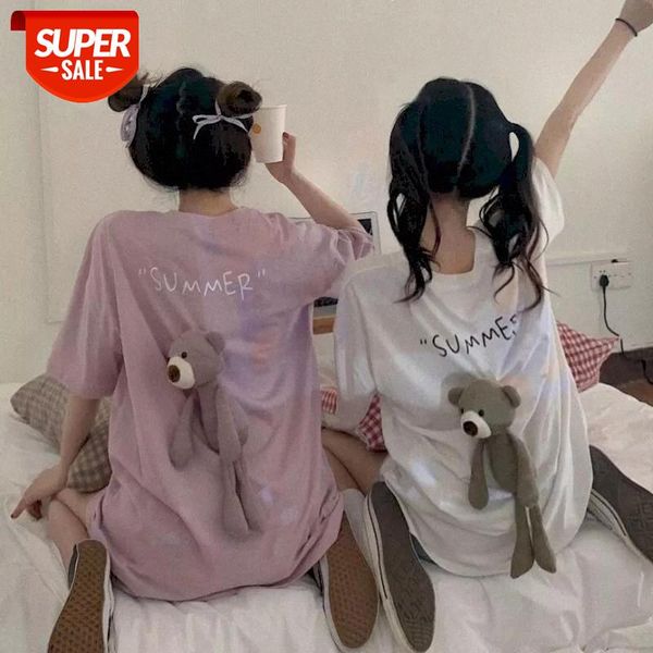 

ins girlfriends women tshirts korean style t-shirts summer sweet kawii fashion t shirts preppy detachable bear o-neck tee #to9b, White