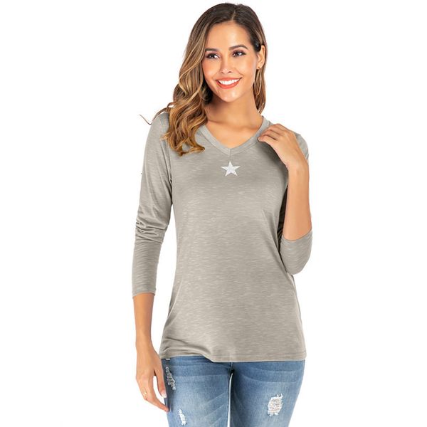 

women star knit tshirt spring v neck long sleeve loose tees female solid street wear, White