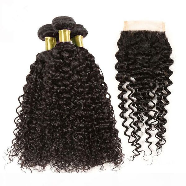 

malaysian curly hair bundles with 4*4 lace closure 3pcs human hair with lace closure malaysian deep curly weaves with closure 4pcs lot, Black