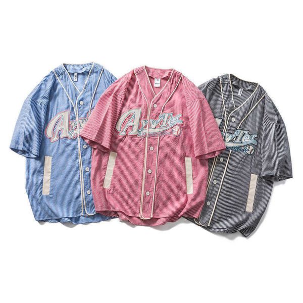 

fashion shirt american baseball stamping vertical stripe short sleeve for men, White;black