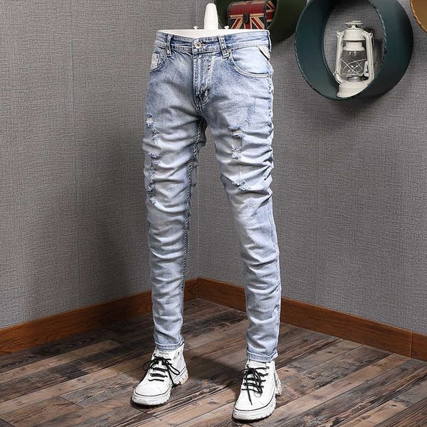 

men's jeans italian style fashion retro light blue elastic cotton slim ripped streetwear vintage designer denim pants 1hpg