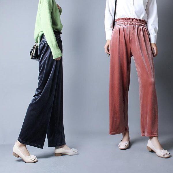 

women's pants & capris fashion women high elastic waist pleuche ankle length casual wide leg female solid loose shaking trousers, Black;white