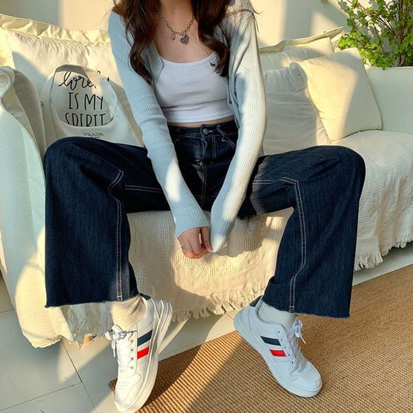 

hip hop women's straight [with blue enjun] jeans a2252 high dark waist wide leg open line crimpable floor dragging pants k