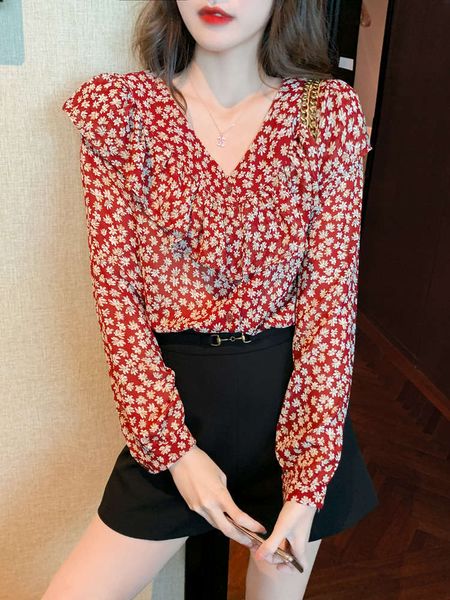 

new french red ruffle chiffon shirt in 2021 spring, White